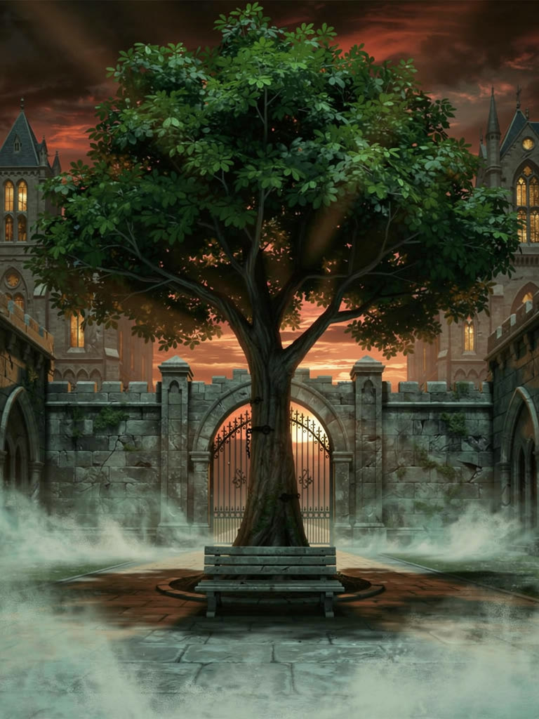 O pátio da Academia ao pôr do sol: uma grande árvore, um banco de pedra à sua sombra e o portão de ferro entre muros de pedra.